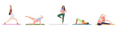 İzole edilmiş bir grup hamile kadın fiziksel fitness egzersizi yapıyor, beyaz arka planda sağlık için yoga sporları yapıyor. Büyük göbekli, farklı duruşu olan kadın çizgi film karakterinin vektör çizimi