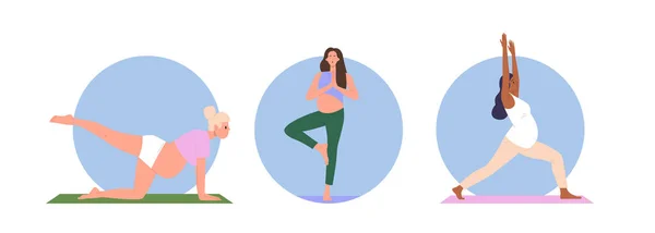 Isolierte Zusammenstellung Von Runden Symbolen Mit Schwangeren Frauen Die Yoga — Stockvektor