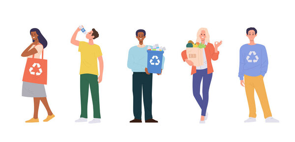 Isolated set of diverse people using eco-friendly zero waste products organic reusable items vector illustration on white background. Man and woman distributing ecological habits to reduce pollution