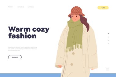 İniş sayfası için sıcak bir moda fikri. Kadın kış kıyafeti ve şık kıyafetler alıp kendi tarzını yaratmak. Moda giysileri giyen genç ve güzel bir kadının vektör çizimi
