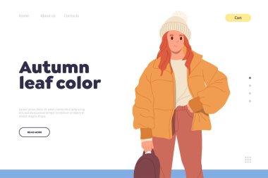 Güz yaprağı renk konsepti, şık şehir tarzı sokak kıyafetleri, genç bayan kıyafetleri için. Sıcak kısa ceket ve örgü örülmüş şapka tanıtım sayfası tasarımı web sitesi tasarımı vektör illüstrasyonu
