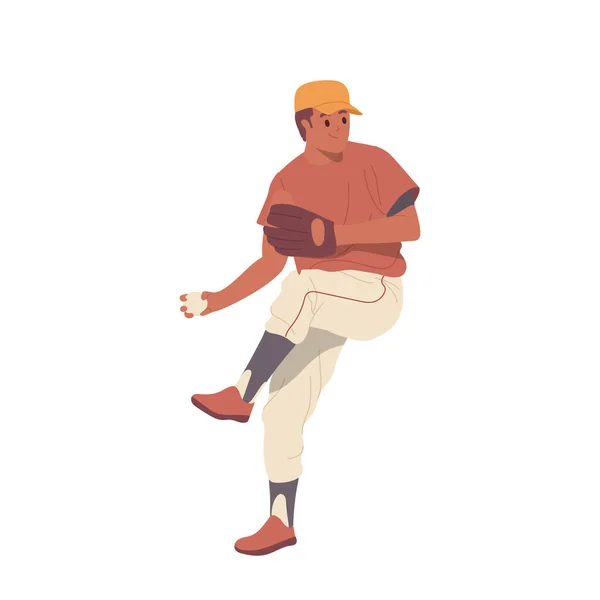 ユニフォームとグローブミット投げパッシングボールを白い背景に隔離した野球選手の漫画キャラクター アメリカのスポーツゲームベクターイラストをプレイするプロのチームピッチャー — ストックベクタ