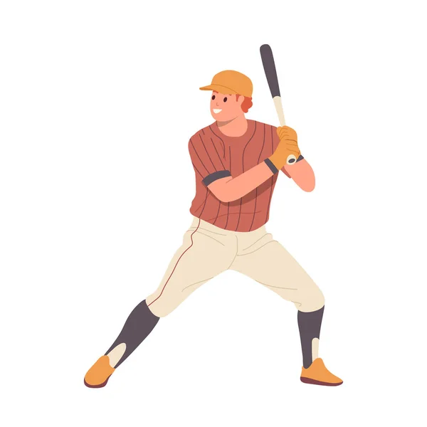 Jogador Beisebol Personagem Desenho Animado Uniforme Segurando Morcego Preparando Para — Vetor de Stock