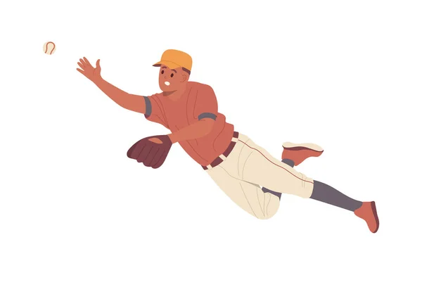 Honkbal Speler Cartoon Karakter Uniform Handschoen Vangen Bal Springen Lucht — Stockvector