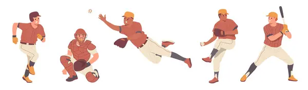 アメリカのスポーツゲームの野球選手は白い背景で孤立した バットでグローブとキャッチし ボールを打つ 投げるさまざまなプレーポジションを立っている均一な男性漫画のキャラクター — ストックベクタ