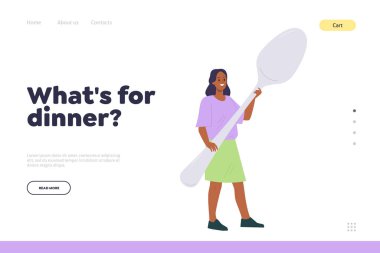 İniş sayfası tasarım şablonunda online servis için en iyi mutfak tarifini sunan şey. Mutlu kadın ev hanımı karakterinin büyük bir kaşık tuttuğu web sitesi çizimi