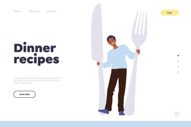 İniş sayfası tasarımı web sitesi yemek tarifleri ve çatal bıçak tutan mutlu adam çizgi film karakterleri sunuyor. Aşçılık öğretim hizmeti, çevrimiçi gıda siparişi ve dağıtım başvurusu
