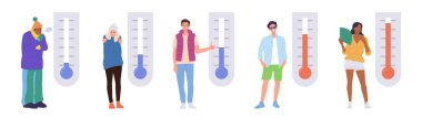 Meteoroloji termometresi normal, soğuk ve sıcak hava durumunu gösteren çeşitli erkek karikatür karakterleri. Kış ve yaz mevsimi klima vektör illüstrasyonu