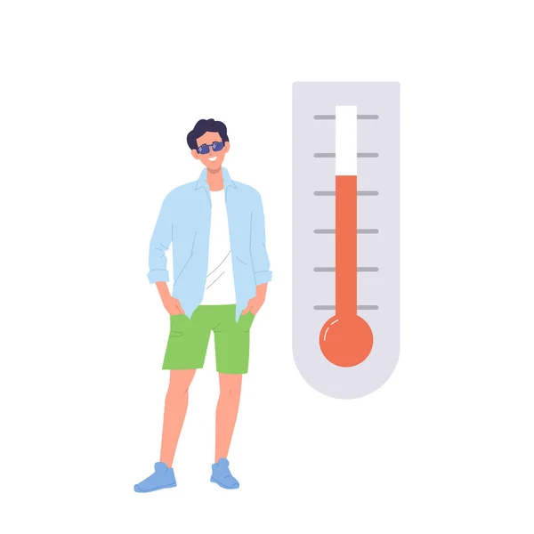 Young Hipster Man Cartoon Character Enjoying High Temperature Degree Showing — Stock Vector