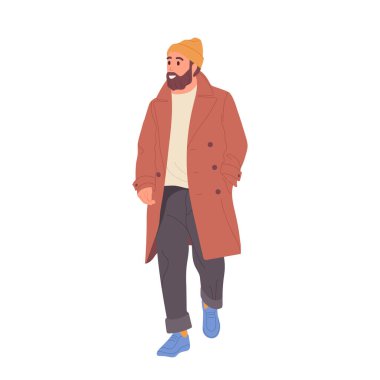 Modern, şık, sakallı, kenar mahalle modasına uygun giyinmiş, beyaz üzerinde tek başına yürüyen bir adam. Soğuk hava vektörü çizimi için modaya uygun giyinen erkek çizgi film karakteri. Moda ve tarz kavramı