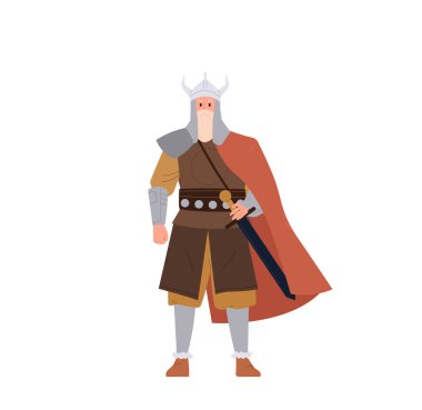Beyaz arka planda izole edilmiş boynuzlu kask, zırh ve pelerin giyen otantik İskandinav barbar Viking çizgi film karakteri. Geleneksel masal oyunu vektör çizimi