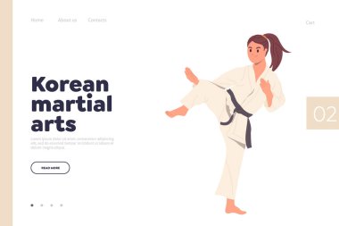 Kore dövüş sanatları bayan sporcular için çevrimiçi iniş sayfası tasarım şablonu. Geleneksel Asyalı kadın güreşçi karikatür karakteri kimono ve siyah kuşak giyip karate antrenmanının keyfini çıkarıyor.