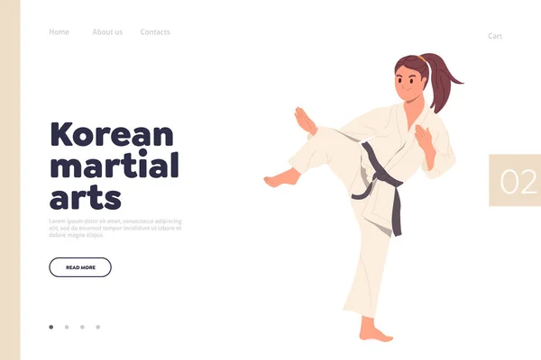 Korean martial arts for female athlete training online service landing page design template. Traditional female asian wrestler cartoon character wearing kimono and black belt enjoying karate workout