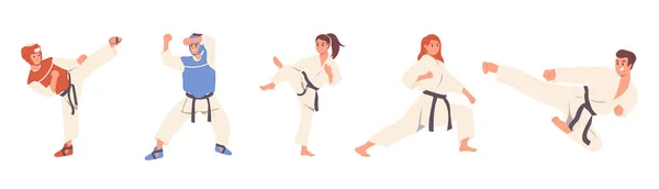 Различные Спортивные Люди Кимоно Бои Нападения Практикующие Упражнения Боевых Искусствах — стоковый вектор