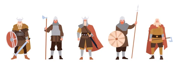Viking Warrior Cruel Barbarian Soldier Cartoon Character Wearing Armor Horned — Stock Vector