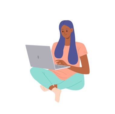 Dizüstü bilgisayarı olan serbest çalışan ya da internetten para kazanan kadın ya da öğrenci ya da ofis vektör ilüstrasyonunda uzaktan eğitim gören. Mesafeli iş çalışanı, serbest çalışan eğitimli ya da çalışan.