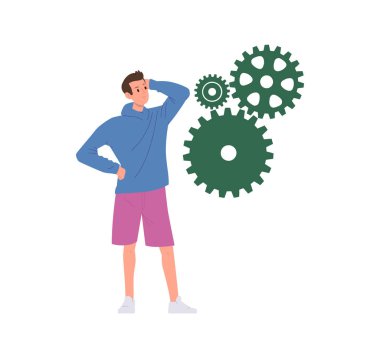 Düşünceli beyin fırtınası yapan genç bir adam dişli dişli mekanizmasına bakıyor serbest ticaret sorunları ya da hayat sorunu hakkında düşünüyor, beyaz arka planda izole edilmiş fikir vektör çizimlerini arıyor.