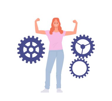 Heyecanlı kadın çizgi film karakteri kol kası kazananı hareketi gösteriyor. Problemi çözmek ve sorun gidermek için yaratıcı bir çözüm bulmaktan gurur duyuyor. Çarkın yanında duran mutlu kadın dişli vektör çizimi