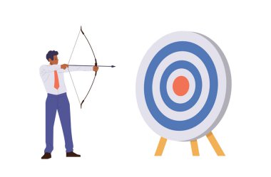 İş adamı girişimci çizgi film karakteri beyaz arka planda yay ile hedef tahtasını hedef alıyor. İş hedefi başarısı ve fırsatlar vektör illüstrasyonunun kullanımı