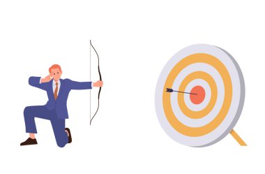 Başarılı, kendine güvenen iş adamı çizgi film karakteri hedefini vurarak iş dünyasının meydan okumasını kazanıyor. Hedef motivasyon, arzu ve liderlik vektörü illüstrasyonuna ulaşmak için doğru iş stratejisi