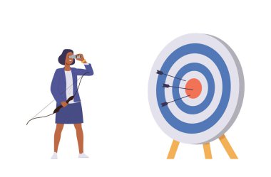 İş kadını çizgi film karakteri hedef hedef hedef alan hedef vektör illüstrasyonunda dürbünle bakıyor. Başarılı kadın girişimci iş etkinliği için çeşitli stratejiler deniyor.
