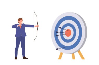 Mutlu iş adamı çizgi film karakteri beyaz arka planda izole edilmiş bir metafor metaforu denemesinden sonra yay okuyla hedefi vuruyor. Hedef başarısı ve başarısı kavramı