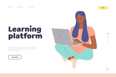 Eğitim dersleri için öğrenim platformu ve rahat öğrenim süreci ile çevrimiçi sayfa hizmeti iniyor. Evde dizüstü bilgisayar kullanan genç bayan öğrenci ile web sitesi çizimi