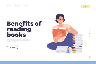 Beyin ve kişisel gelişim eğitimi için kitap okumanın faydaları online servis iniş sayfası şablonu. Mutlu kadın karakter okuyucusu ve ders kitabı yığınıyla web sitesi vektör çizimi