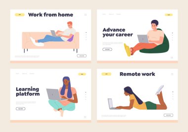 Çevrimiçi işten ve evden ders çalışmaktan hoşlanan mutlu genç insanların olduğu izole bir iniş sayfası şablonu. Becerilerini geliştirmek için öğrenci, serbest çalışan ve iş adamları için çalışma alanı ve öğrenim platformu