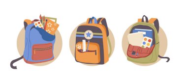 Sanat okulu dersleri ya da atölye öğrencileri için izole edilmiş sırt çantası. Resimler, eskiz defteri, boya fırçası ve kalem çizim aksesuarlarıyla dolu sıradan bir çocuk çantası.