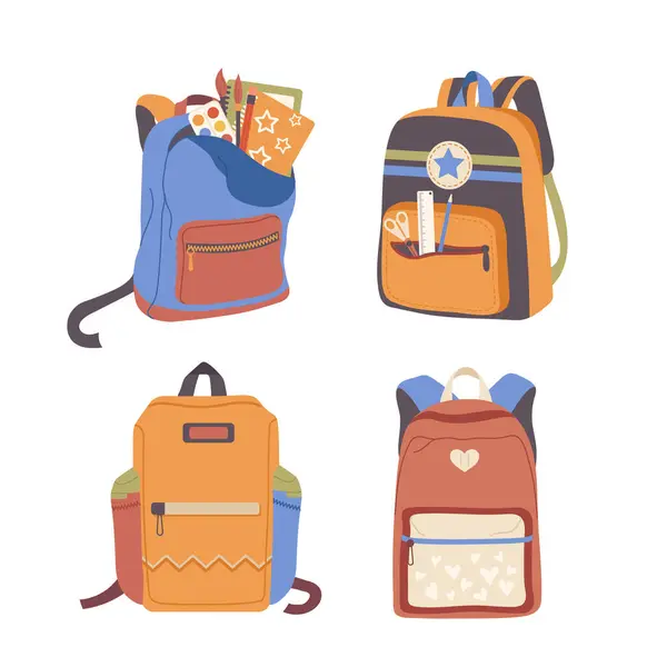 背包和书包 附有个人学习用品和教育配件说明 Isolated Set Rucksack Luggage Girl Boy White Background — 图库矢量图片