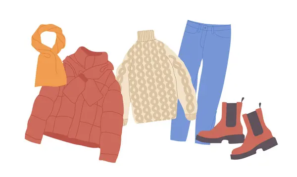 Przytulne Zimowe Ubrania Dla Młodych Ludzi Wektor Ilustracji Nowoczesny Modny — Wektor stockowy