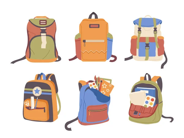 一套白色背景的孤立的书包前视图设计 大学生用的便装背包 时髦的时尚哈弗克或帆布背包教育设备矢量图解 — 图库矢量图片