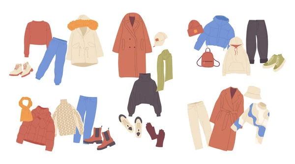 寒冷季节的温暖外套 包括典雅迷人的服装 舒适的时尚或城市街道穿着 女装服装 青少年时尚装束 商务风格 — 图库矢量图片