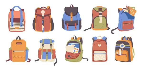 Bunte Schulrucksäcke Kindertaschen Isoliert Set Für Bildung Schreibwaren Und Studienmaterial — Stockvektor