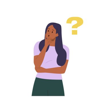 Şaşırmış, düşünceli bir kadın çizgi film karakteri, soru işareti olan, ya da iç sorunu olan, güvensiz ve şüpheli bir şekilde cevap arayan, beyaz arka planda izole edilmiş vektör çizimi.