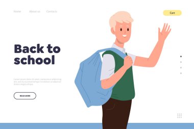 İniş sayfası tasarımı konsepti çevrimiçi eğitim hizmeti reklamları. Okul çantalı mutlu çocuk öğrenciyle web sitesi çizimi öğrenme sürecine başlamaktan mutluluk duyuyor