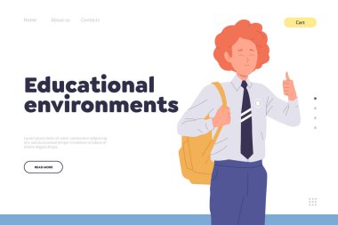 Öğrenciler için eğitim ortamları uluslararası çeşitlilik iniş sayfası tasarım şablonu. Yüksek kaliteli öğretim programı ve sağlıklı ekolojik eğitim sunan web sitesi vektör illüstrasyonu