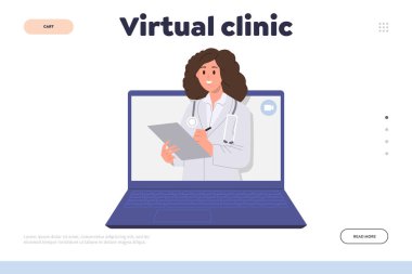 Sanal klinik çevrimiçi tele-sağlık platformu konsültasyon ve uzak randevu iniş sayfası şablonu. Dost canlısı gülümseyen bir doktorun hastaya laptopta tavsiye ettiği bir web sitesi çizimi