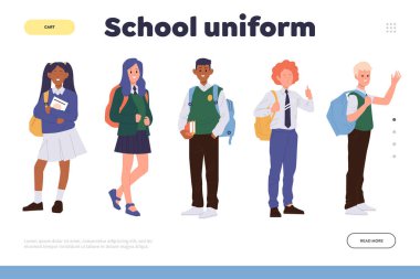 Okul üniforması reklam sayfası. İnternet sitesi tasarımı, farklı kostümler satmak, öğrenciler için geniş giyim yelpazesi sunmak, son moda okul çocuklarının yeni kıyafetleri