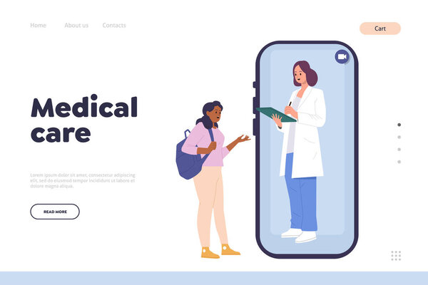 Шаблон сайта с дизайном сайта медицинской помощи, где пациент разговаривает с врачом через мобильное приложение видеочата. Онлайн консультации с терапевтом, лекарства для лечения рецепт удаленно