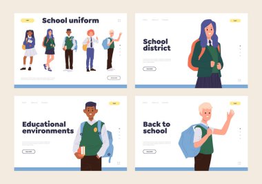 Okula geri dön. İniş sayfası tasarım şablonu çevrimiçi eğitim, kırtasiye ve üniforma sunuyor. Uzaktan eğitim veren staj ya da özel ders veriyor. Web sitesi vektör illüstrasyon kavramı