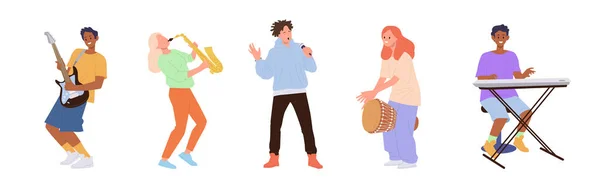 Jovens Felizes Personagem Desenhos Animados Tocando Vários Instrumentos Musicais Banda —  Vetores de Stock