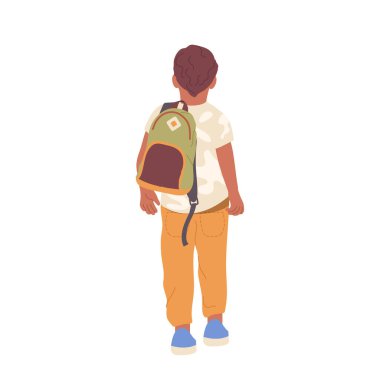 Sırtında sırt çantası taşıyan ilkokul öğrencisi beyaz arka planda izole bir şekilde eğitim merkezine yürüyor. Sırt çantası aksesuar illüstrasyonlu sevimli okul çocuğu çizgi film karakteri