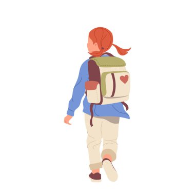 Sırt çantasıyla koşan küçük kız okula geç kalıyor, beyaz arka planda sınıfa doğru koşuyor. Sevimli liseli kız ya da anaokulu çizgi filmi kadın karakter düz vektör çizimi
