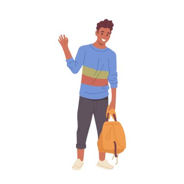 Genç Afro-Amerikan çocuk çizgi film karakteri el sallayarak beyaz arka planda izole edilmiş sırt çantası taşıyor. Yabancı öğrenci, uluslararası öğrenci vektör illüstrasyonu