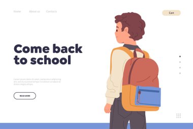 İniş sayfasında küçük okul çocuğu karakterinin sırt çantası tasarımı ile okul metnine geri dön. Çocuklar için e-öğrenim ve internet eğitimi sağlayan çevrimiçi hizmet için web sitesi vektör illüstrasyonu