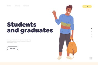 Uluslararası yeni gelenlere ilginç bir öğrenme süreci sunan çevrimiçi eğitim hizmeti. İniş sayfası tasarım şablonu öğrenciler ve mezun yazıları ile birlikte. Web sitesi vektör illüstrasyon kavramı