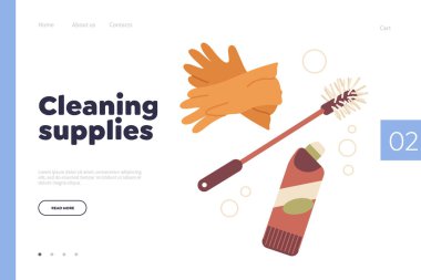 Temizlik malzemeleri online mağaza iniş sayfası. Web sitesi vektör illüstrasyonu tuvalet yayı yıkama araçları sunuyor. Koruyucu lastik eldivenler, fırça ve antibakteriyel deterjan düz dizayn.