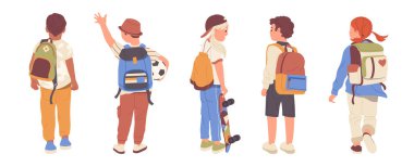 Çocuk çizgi film karakterleri sırt çantasıyla arkaya bakıyorlar. Anaokulu öğrencileri ya da okul ya da dinlenme malzemeleri moda sırt çantasıyla izole edilmiş. Çocuklar çanta vektör illüstrasyonuyla yürüyor